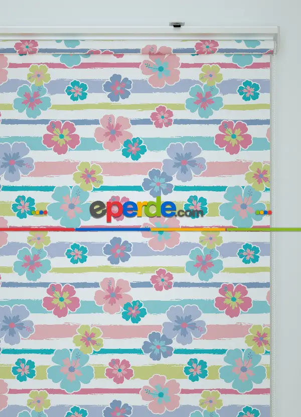 Çiçek Desenli Baskılı Stor Perde-yeşil-mavi-pembe