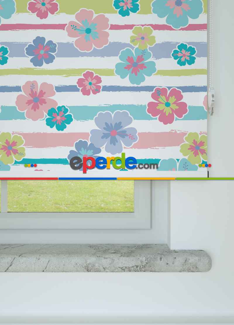 Çiçek Desenli Baskılı Stor Perde-yeşil-mavi-pembe