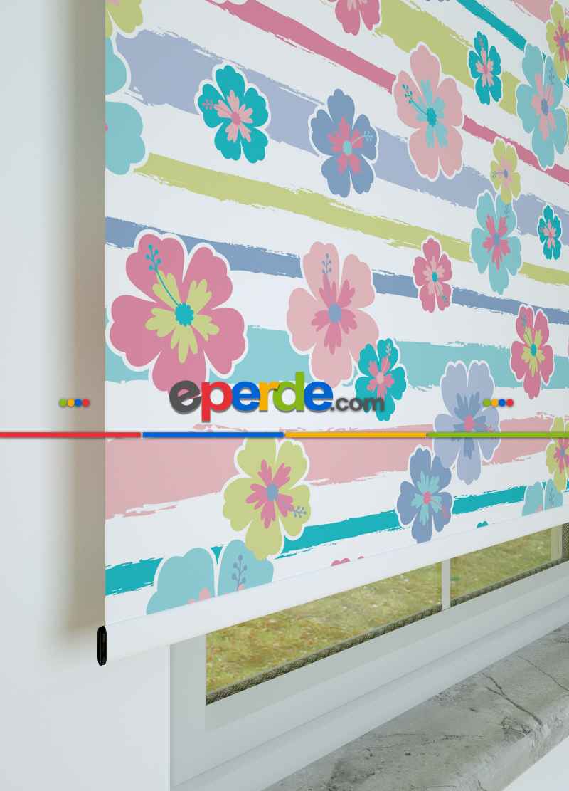 Çiçek Desenli Baskılı Stor Perde-yeşil-mavi-pembe