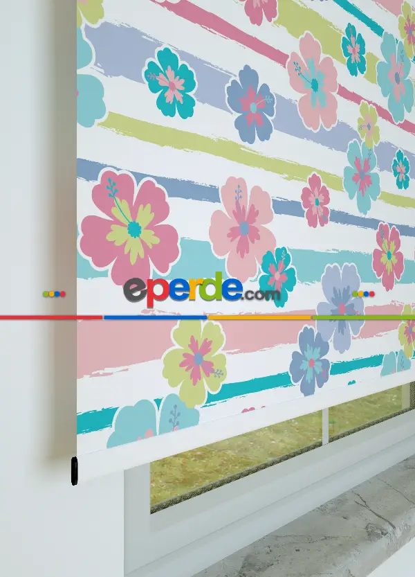 Çiçek Desenli Baskılı Stor Perde-yeşil-mavi-pembe