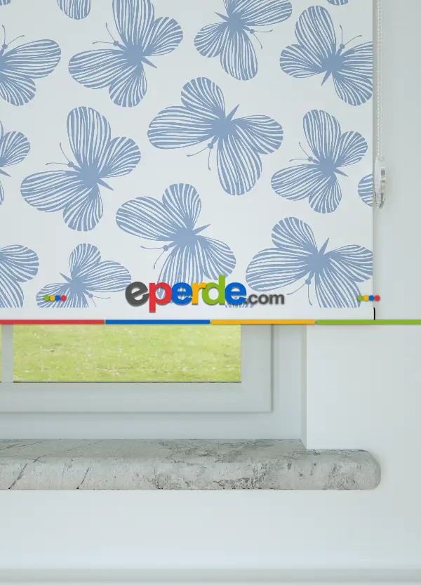 Kelebek Desenli Baskılı Stor Perde Ekru-mav