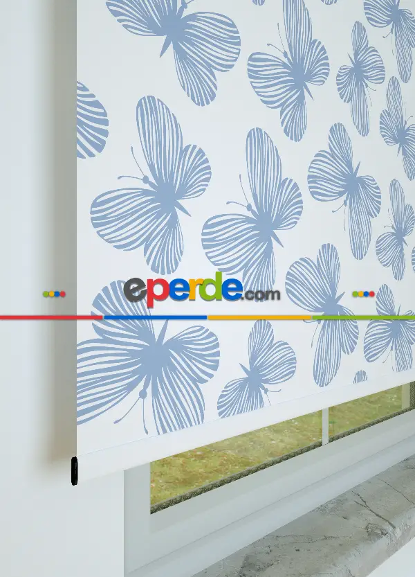 Kelebek Desenli Baskılı Stor Perde Ekru-mav