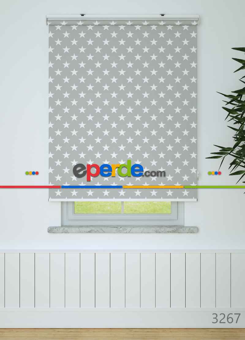 Yıldız Desenli Baskılı Stor Perde Ekru-gri