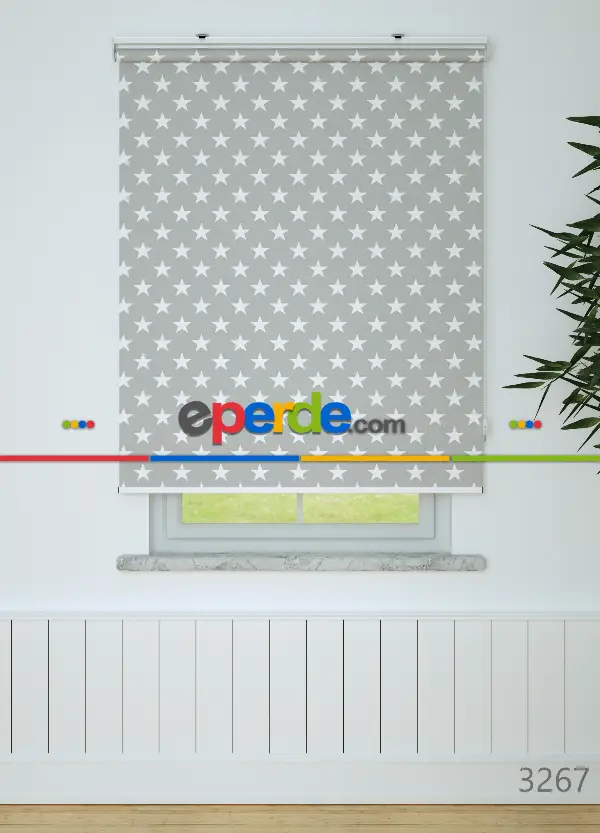 Yıldız Desenli Baskılı Stor Perde Ekru-gri