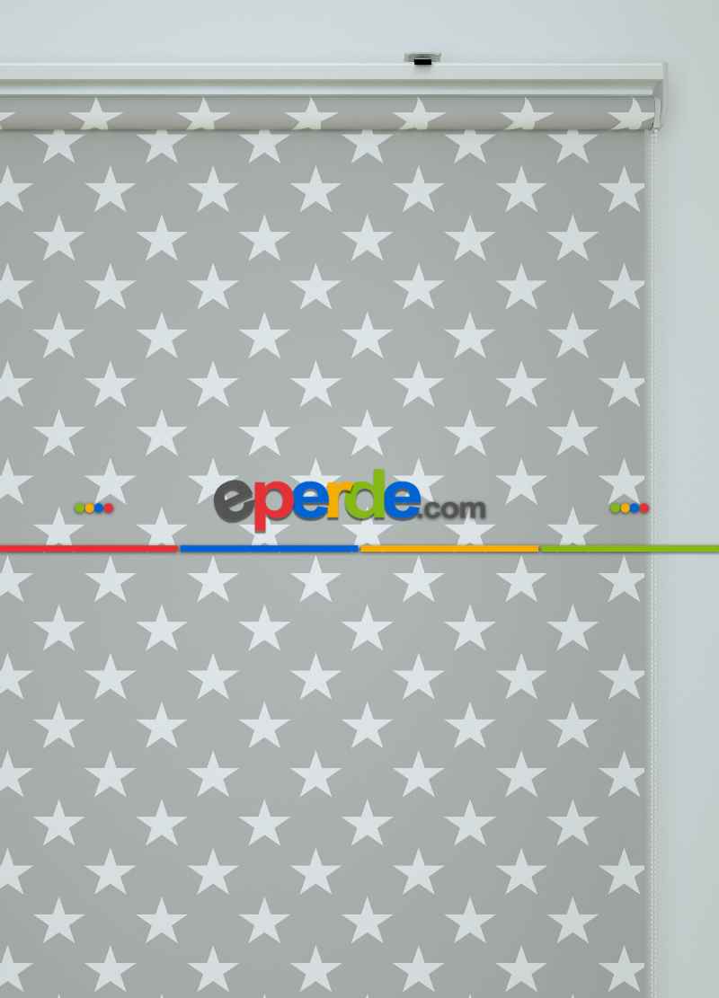 Yıldız Desenli Baskılı Stor Perde Ekru-gri