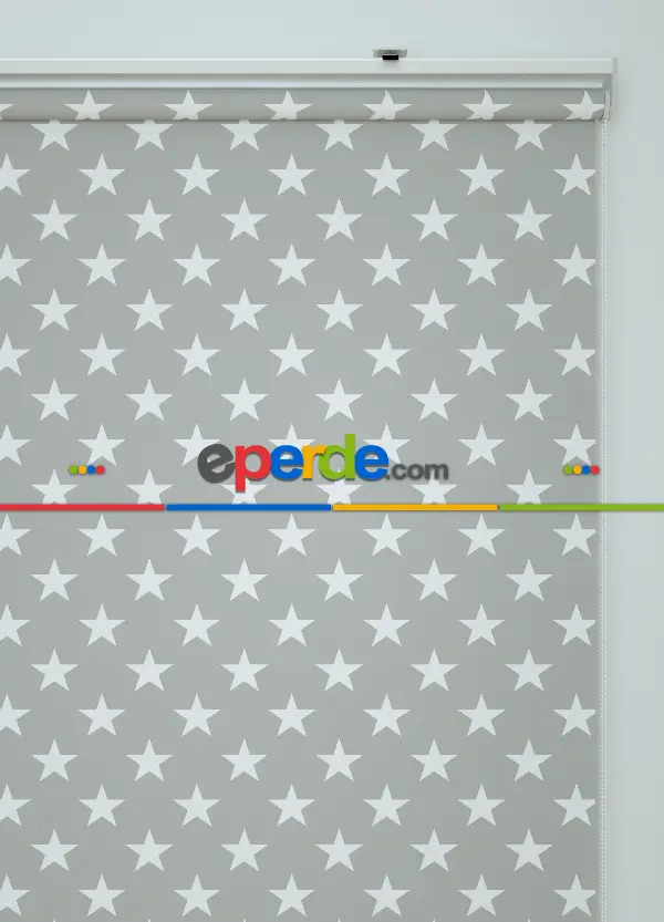 Yıldız Desenli Baskılı Stor Perde Ekru-gri