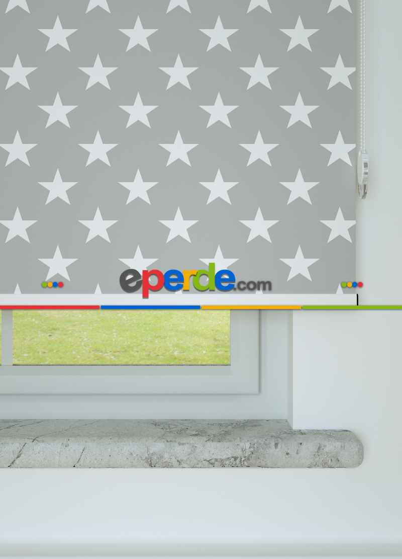 Yıldız Desenli Baskılı Stor Perde Ekru-gri