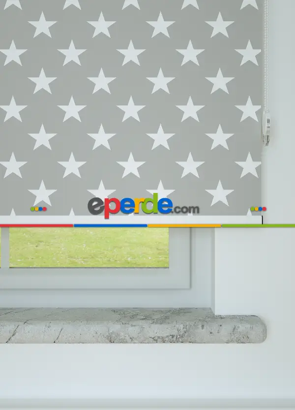 Yıldız Desenli Baskılı Stor Perde Ekru-gri