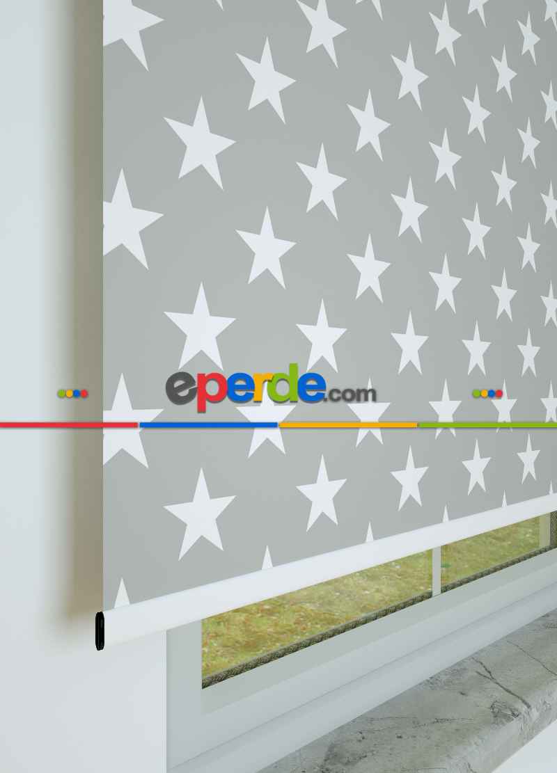 Yıldız Desenli Baskılı Stor Perde Ekru-gri