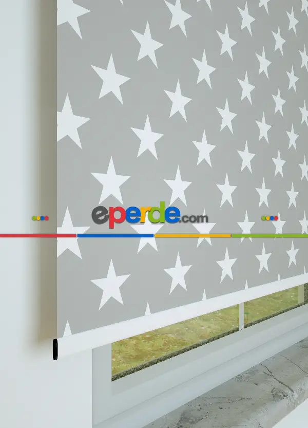 Yıldız Desenli Baskılı Stor Perde Ekru-gri