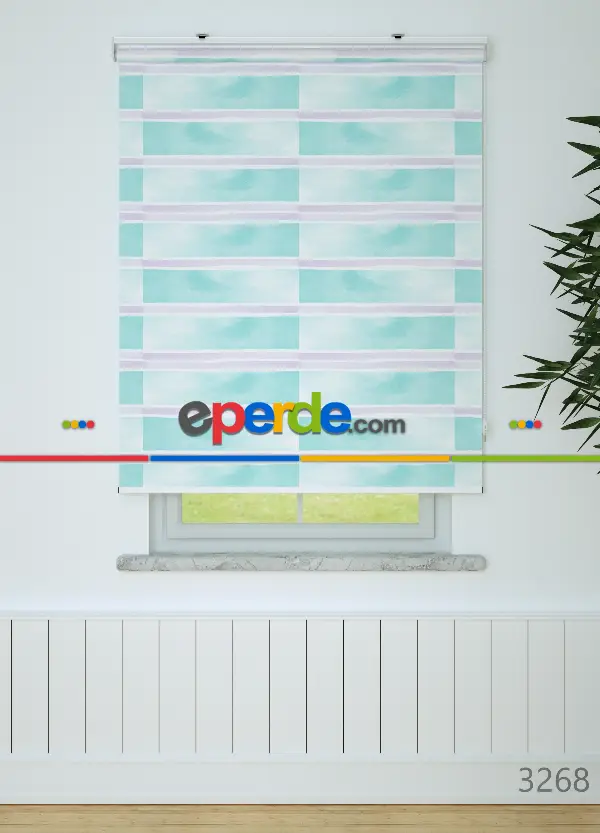 Lila Çizgili Suluboya Desenli Baskılı Stor Perde