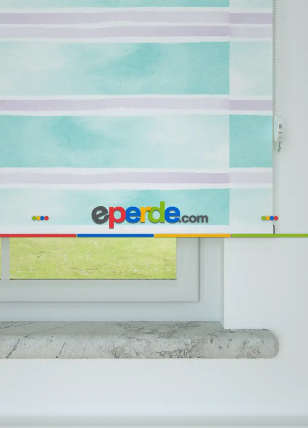 Lila Çizgili Suluboya Desenli Baskılı Stor Perde