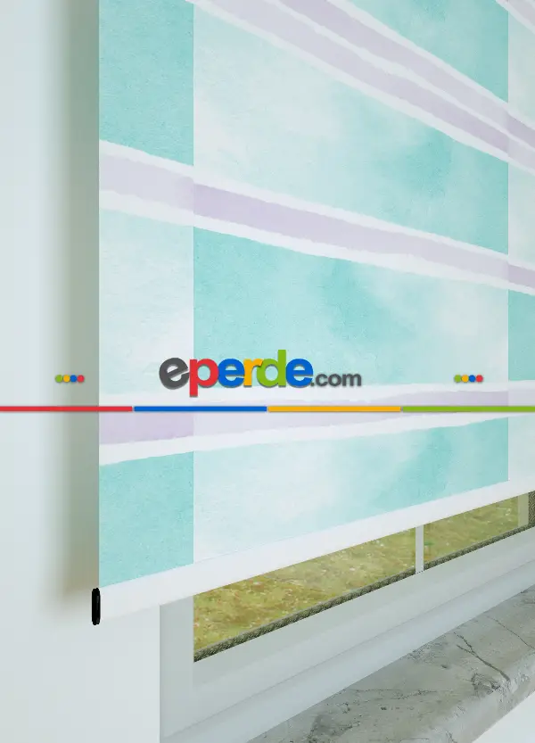 Lila Çizgili Suluboya Desenli Baskılı Stor Perde