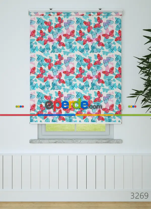 Kelebek Desenli Baskılı Stor Perde- Mavi-pembe-ekru