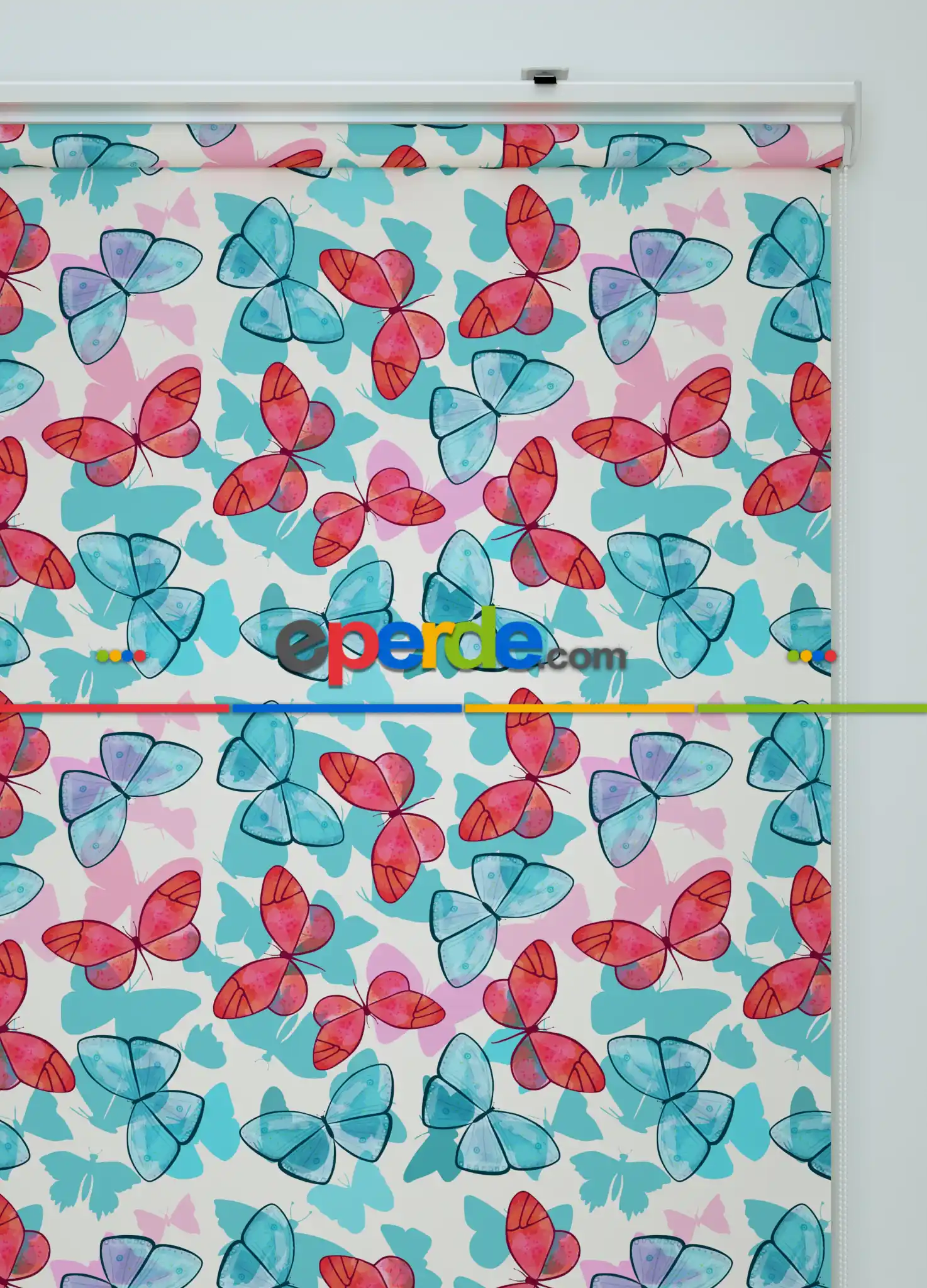 Kelebek Desenli Baskılı Stor Perde- Mavi-pembe-ekru