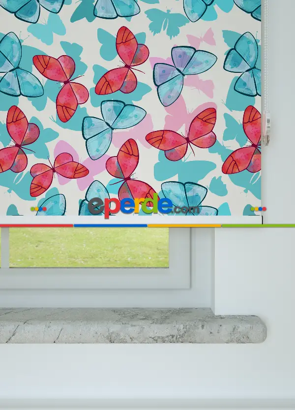 Kelebek Desenli Baskılı Stor Perde- Mavi-pembe-ekru