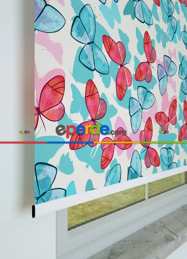 Kelebek Desenli Baskılı Stor Perde- Mavi-pembe-ekru