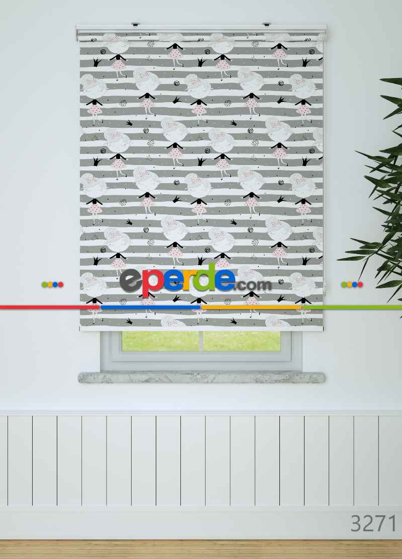 Balerin Kız Desenli Baskılı Stor Perde Gri-siyah-ekru-pembe