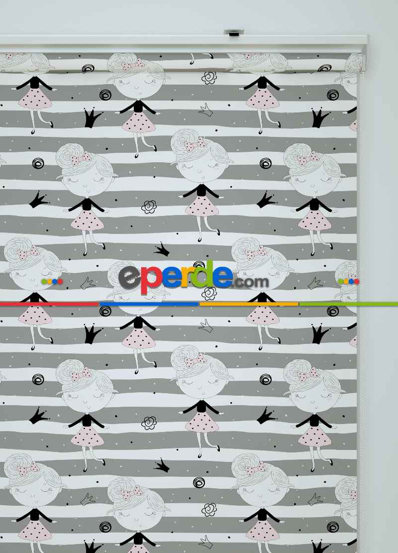 Balerin Kız Desenli Baskılı Stor Perde Gri-siyah-ekru-pembe