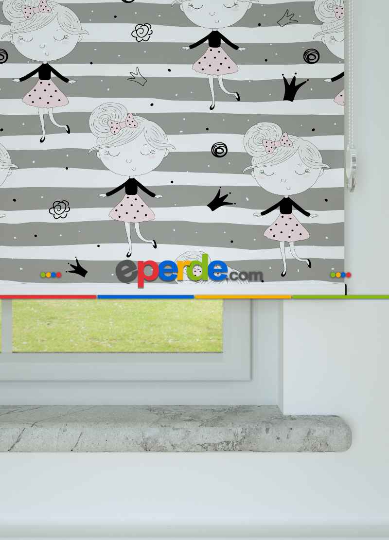 Balerin Kız Desenli Baskılı Stor Perde Gri-siyah-ekru-pembe