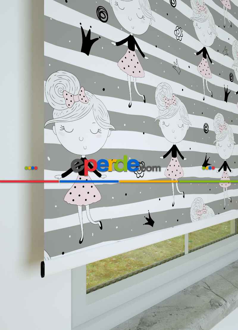 Balerin Kız Desenli Baskılı Stor Perde Gri-siyah-ekru-pembe