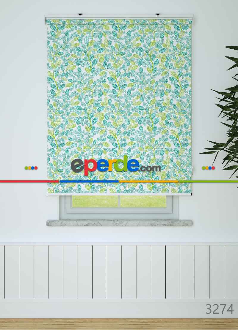 Yeşil Yaprak Desenli Baskılı Stor Perde