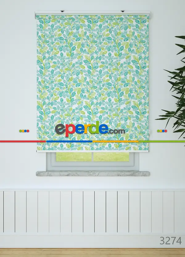 Yeşil Yaprak Desenli Baskılı Stor Perde