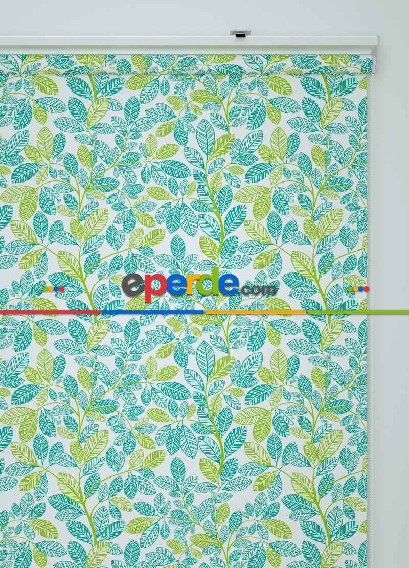 Yeşil Yaprak Desenli Baskılı Stor Perde