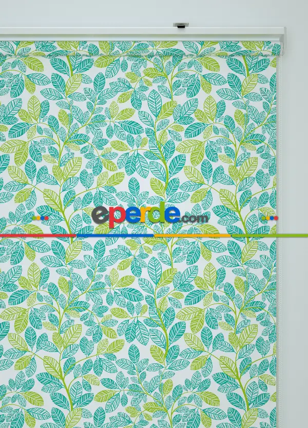 Yeşil Yaprak Desenli Baskılı Stor Perde