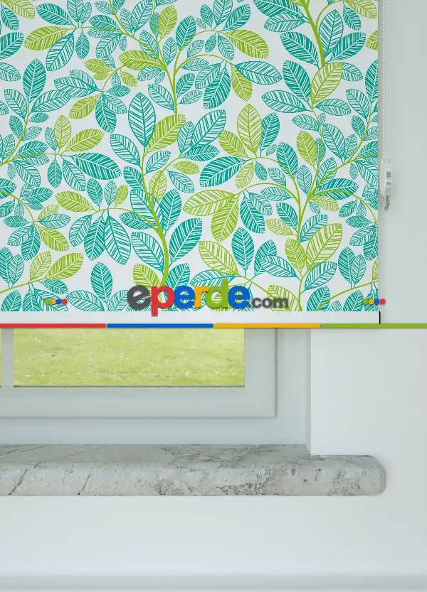 Yeşil Yaprak Desenli Baskılı Stor Perde