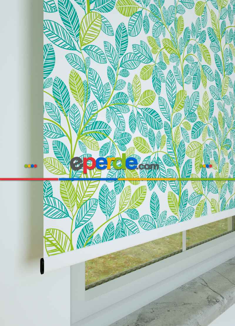 Yeşil Yaprak Desenli Baskılı Stor Perde