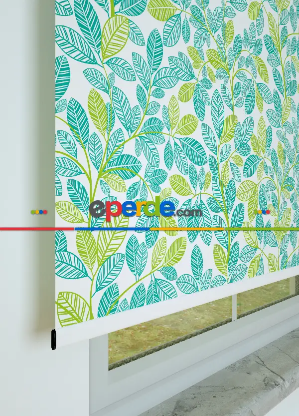 Yeşil Yaprak Desenli Baskılı Stor Perde