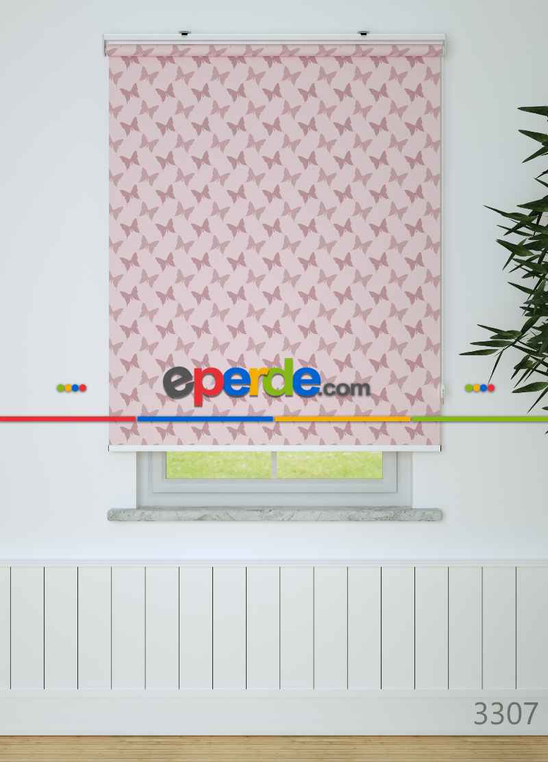 Pembe Kelebek Desenli Baskılı Stor Perde