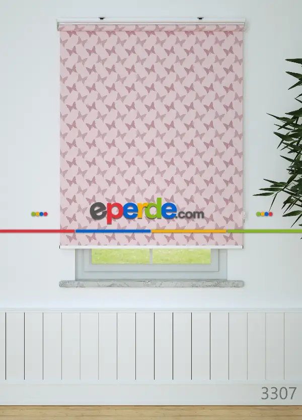 Pembe Kelebek Desenli Baskılı Stor Perde