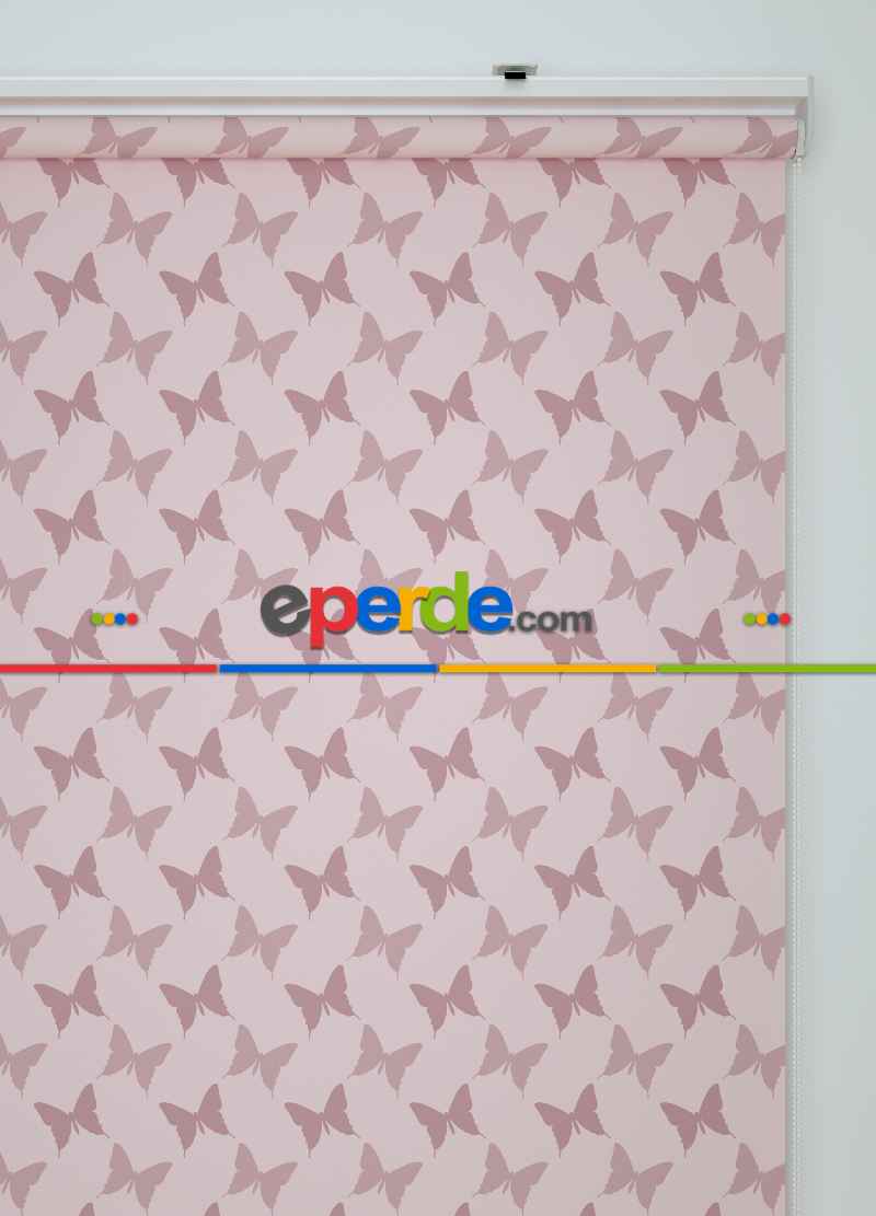 Pembe Kelebek Desenli Baskılı Stor Perde