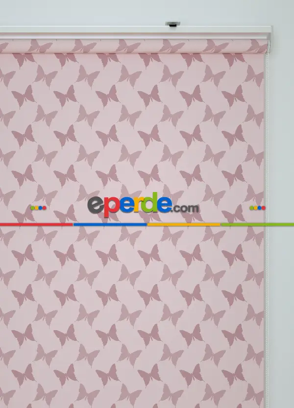 Pembe Kelebek Desenli Baskılı Stor Perde