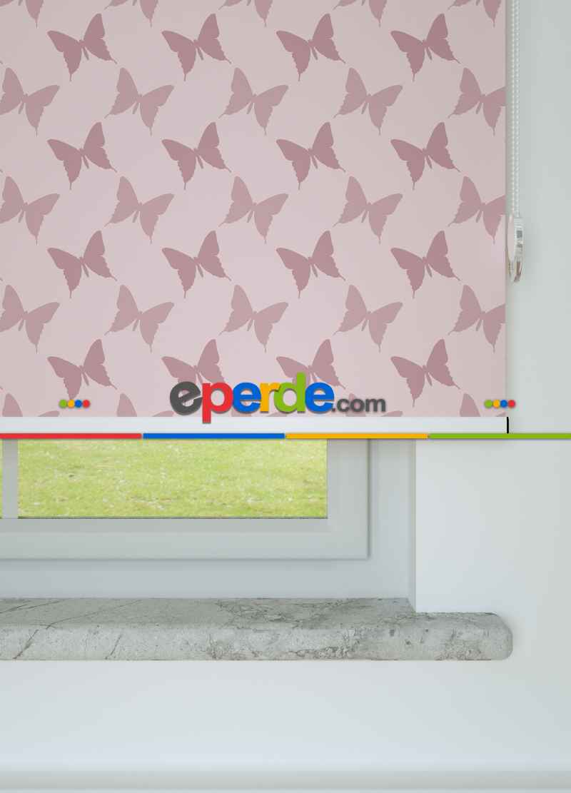 Pembe Kelebek Desenli Baskılı Stor Perde