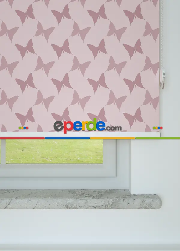 Pembe Kelebek Desenli Baskılı Stor Perde