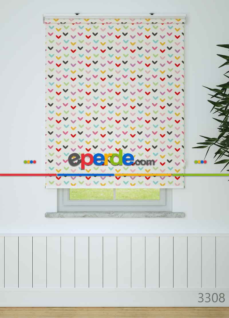 Renkli Kalpler Desenli Baskılı Stor Perde Pembe-yeşil- Kırmızı