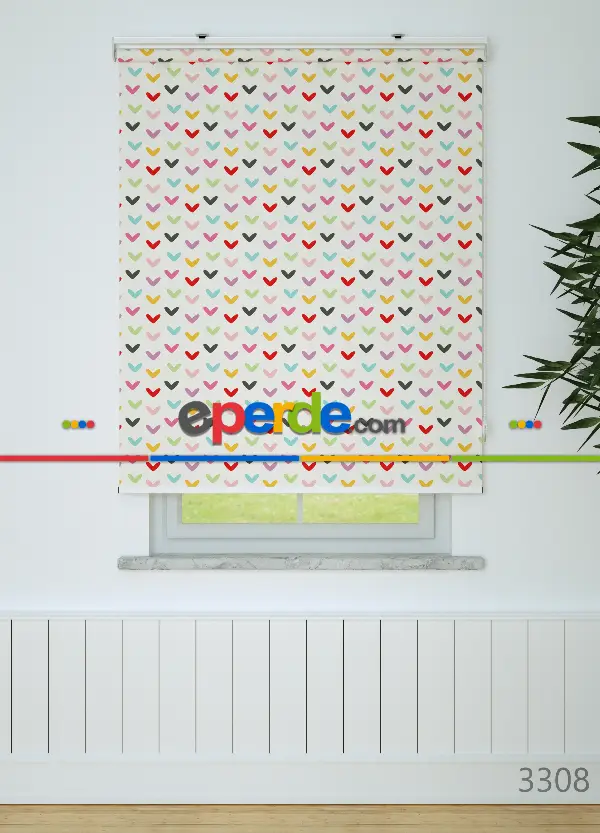 Renkli Kalpler Desenli Baskılı Stor Perde Pembe-yeşil- Kırmızı