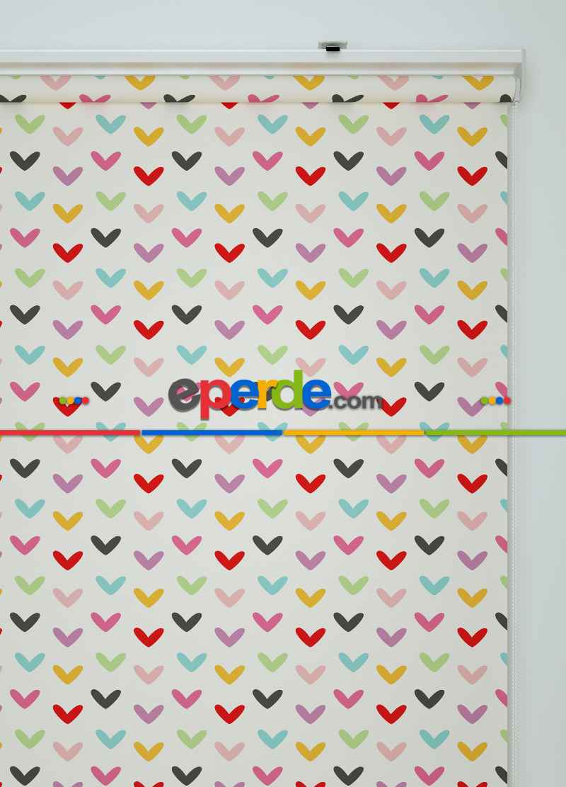 Renkli Kalpler Desenli Baskılı Stor Perde Pembe-yeşil- Kırmızı