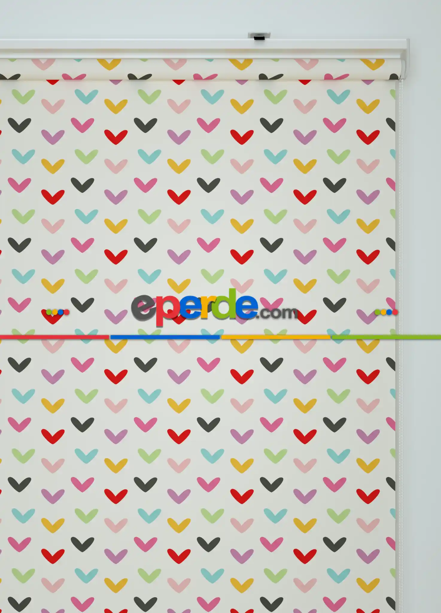 Renkli Kalpler Desenli Baskılı Stor Perde Pembe-yeşil- Kırmızı