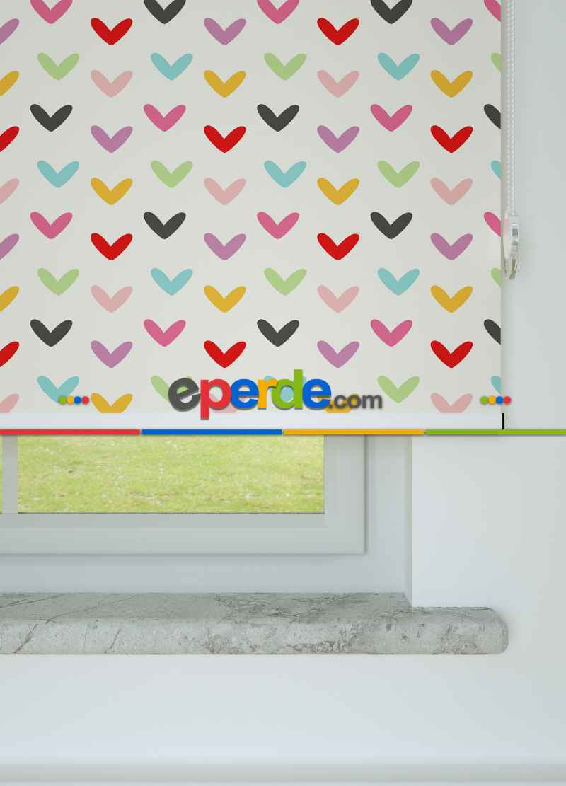 Renkli Kalpler Desenli Baskılı Stor Perde Pembe-yeşil- Kırmızı