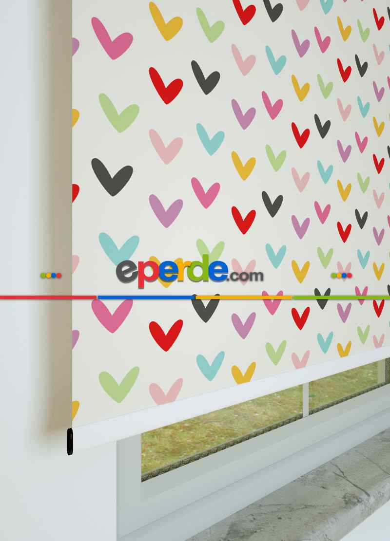 Renkli Kalpler Desenli Baskılı Stor Perde Pembe-yeşil- Kırmızı