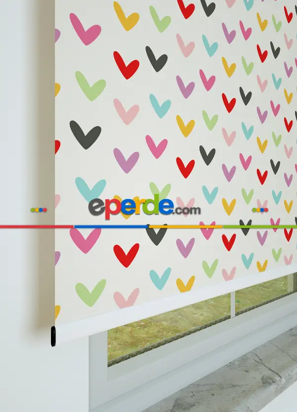 Renkli Kalpler Desenli Baskılı Stor Perde Pembe-yeşil- Kırmızı