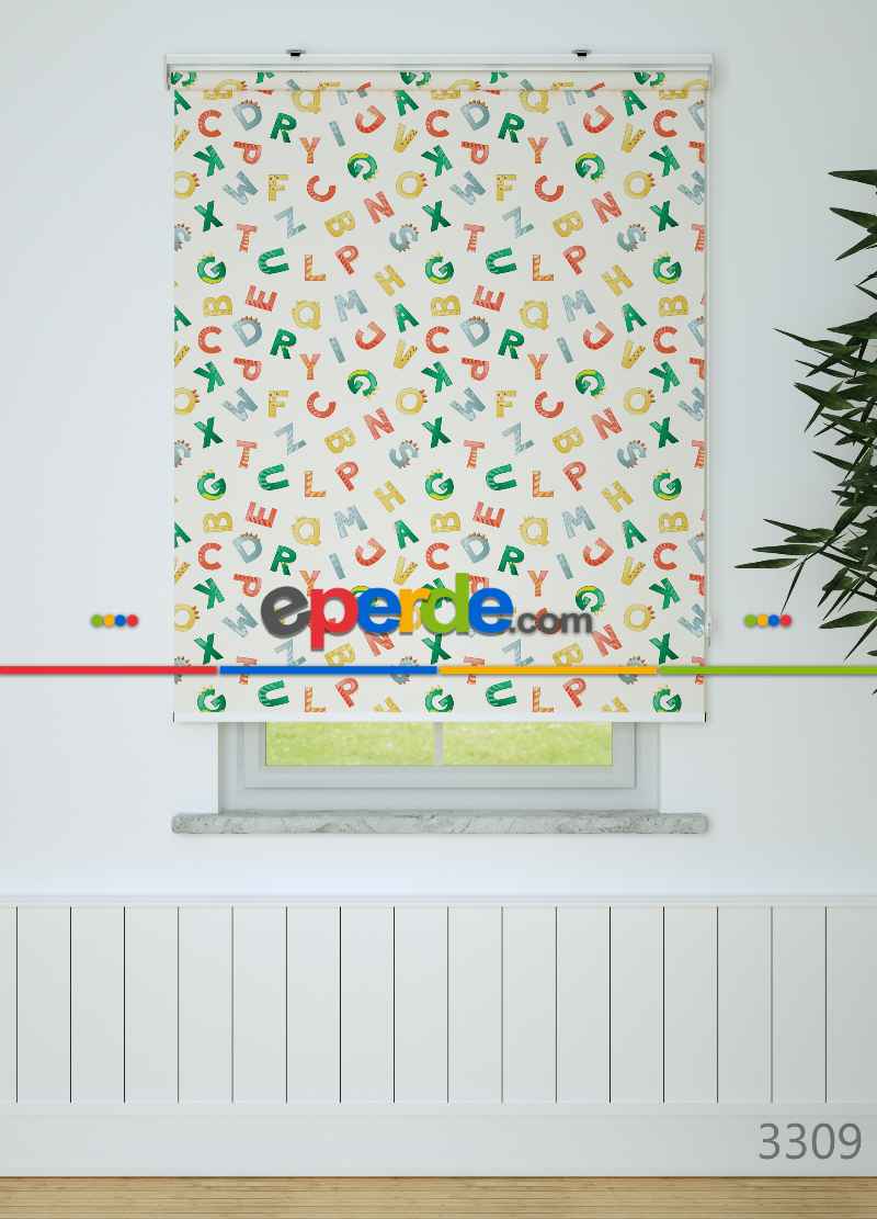 Renkli Harfler Desenli Baskılı Stor Perde Yeşil-kırmızı-sarı