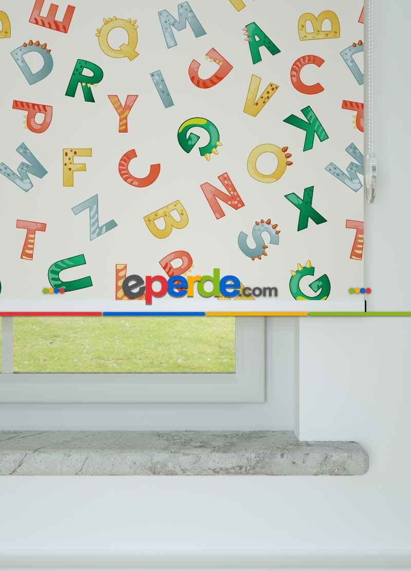 Renkli Harfler Desenli Baskılı Stor Perde Yeşil-kırmızı-sarı