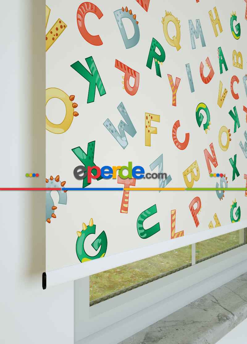 Renkli Harfler Desenli Baskılı Stor Perde Yeşil-kırmızı-sarı