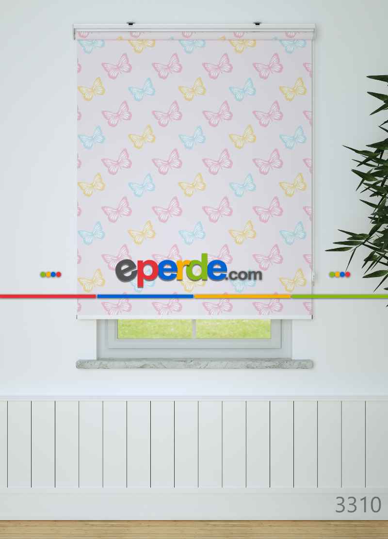 Pembe Kelebek Desenli Baskılı Stor Perde