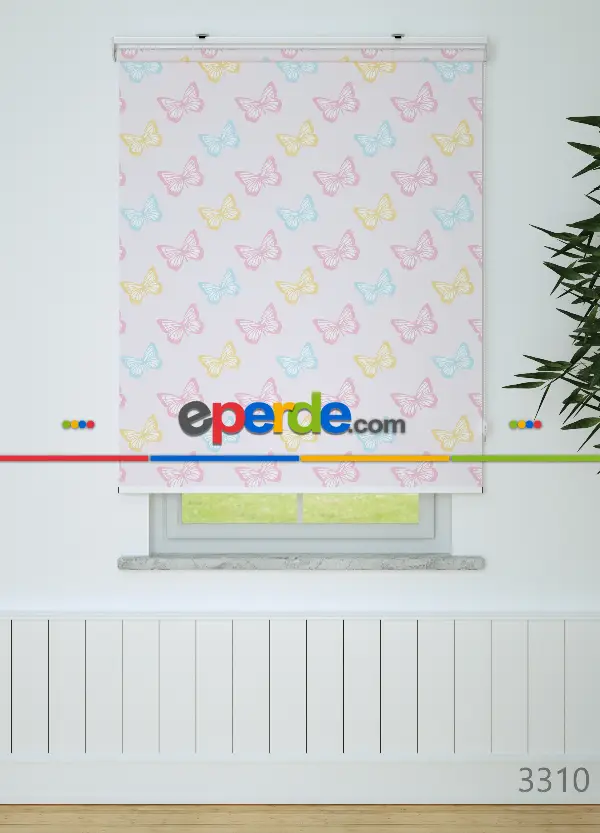 Pembe Kelebek Desenli Baskılı Stor Perde